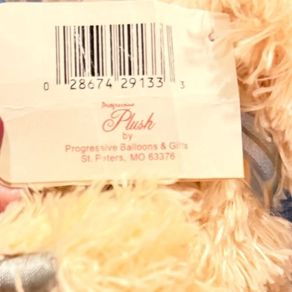 Vintage Progressive Plush Teddy Bear Cream Shaggy Fur Iridescent Bow Handcrafted